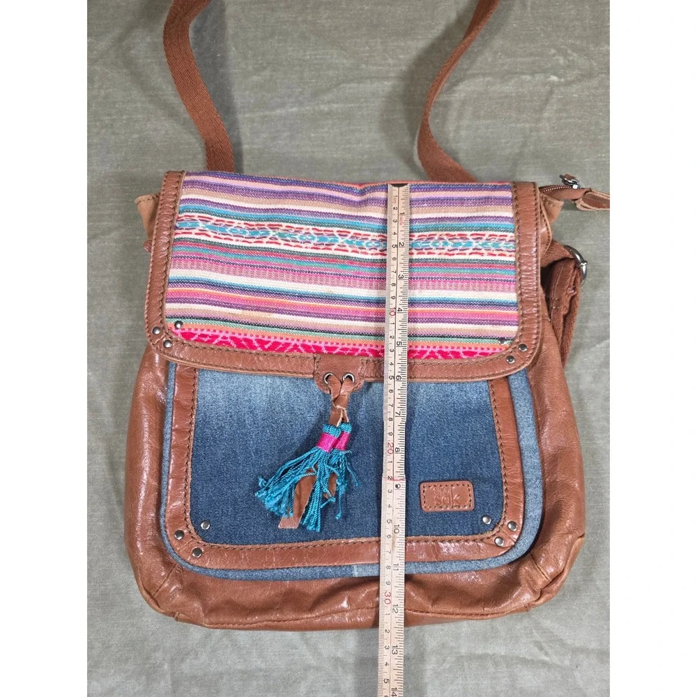The Sak Ventura Convertible Backpack Crossbody Bag Brown Leather Denim Woven